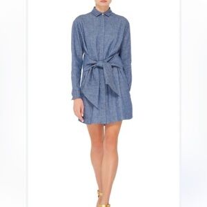 MSGM Milano blue denim chambray linen cotton shirt dress belted XS (Italy 38)